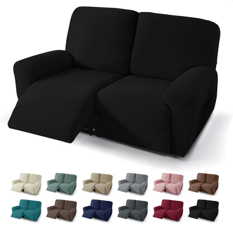 JIVINER 4 Pieces Recliner Loveseat Covers Stretch Recliner Sofa Slipcover with Elastic Bottom Jacquard Fitted Reclining Couch Cover Furniture Protector with Pockets (2 Seater  Black) - Image 1